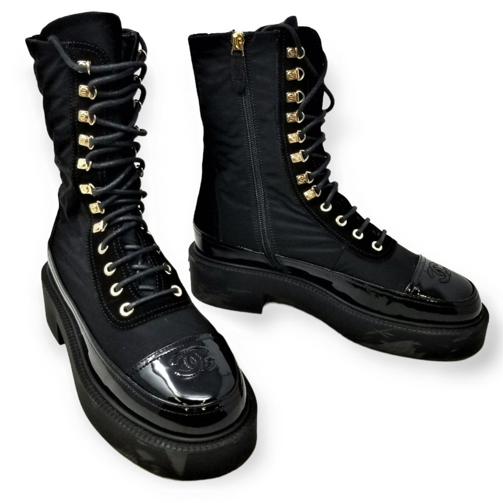 CHANEL Restless Lace-ups Booties, Black (G38086 Y55462 94305) Size 38, US 7